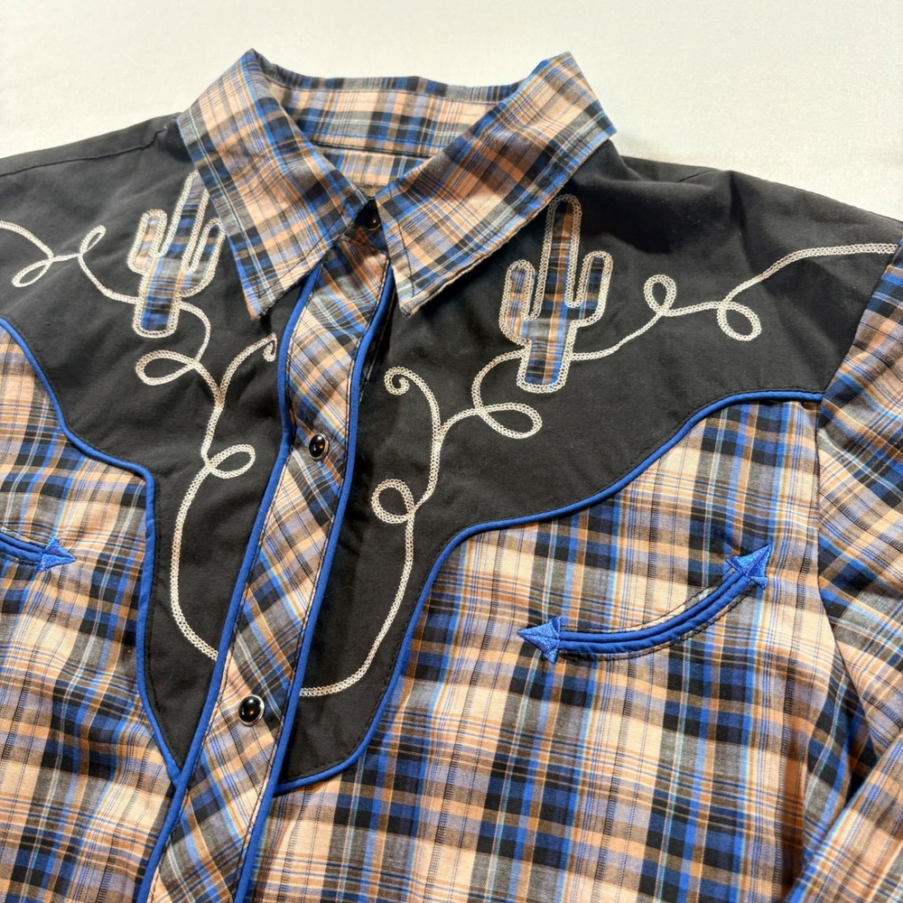Roper Western Shirt Mens Medium Blue Plaid Cactus Embroidery Pearl Snap Cowboy